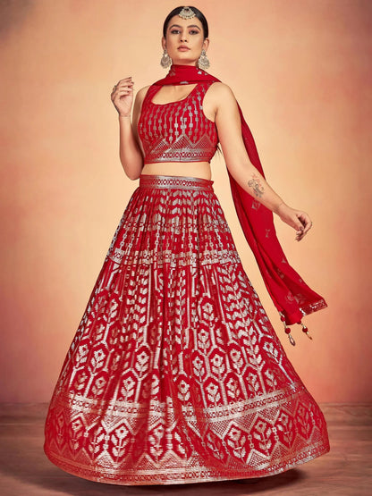 Tulsi Art Lovely Red Sequins Georgette Sangeet Wear Lehenga Choli With Dupatta