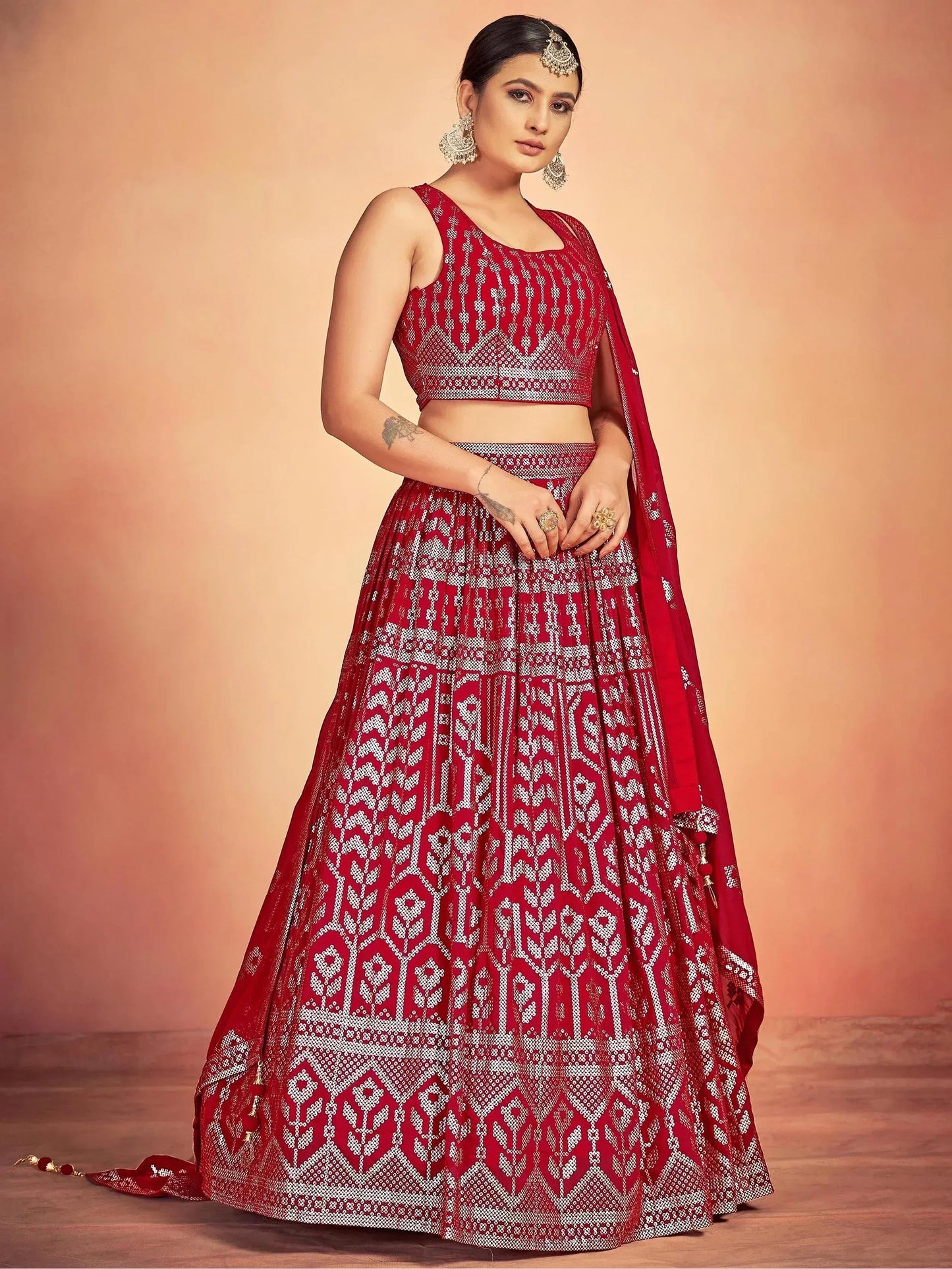 Tulsi Art Lovely Red Sequins Georgette Sangeet Wear Lehenga Choli With Dupatta