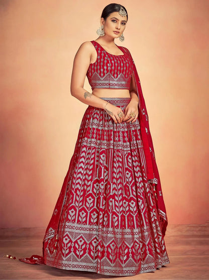 Tulsi Art Lovely Red Sequins Georgette Sangeet Wear Lehenga Choli With Dupatta
