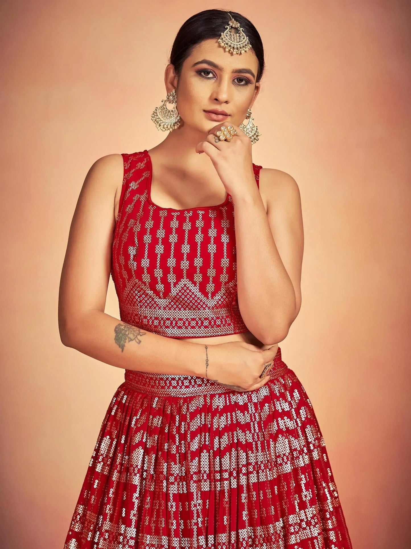 Tulsi Art Lovely Red Sequins Georgette Sangeet Wear Lehenga Choli With Dupatta