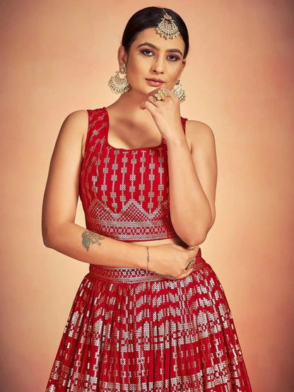 Tulsi Art Lovely Red Sequins Georgette Sangeet Wear Lehenga Choli With Dupatta