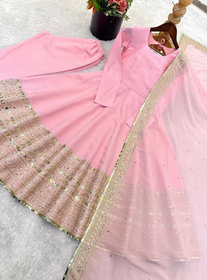 Teeya Creation Womens New Pastel Pink Solid Anarkali Kurta With Heavy Embroidered Border Gown Set