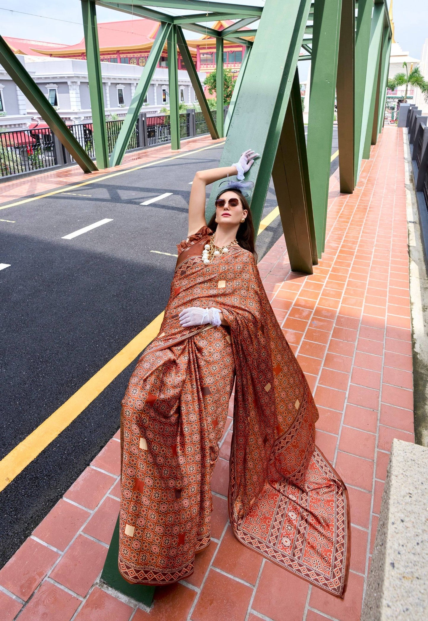Anaita Brown Ajrakh Printed Pure Satin Silk Saree With Blouse