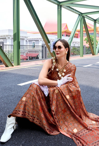 Anaita Brown Ajrakh Printed Pure Satin Silk Saree With Blouse