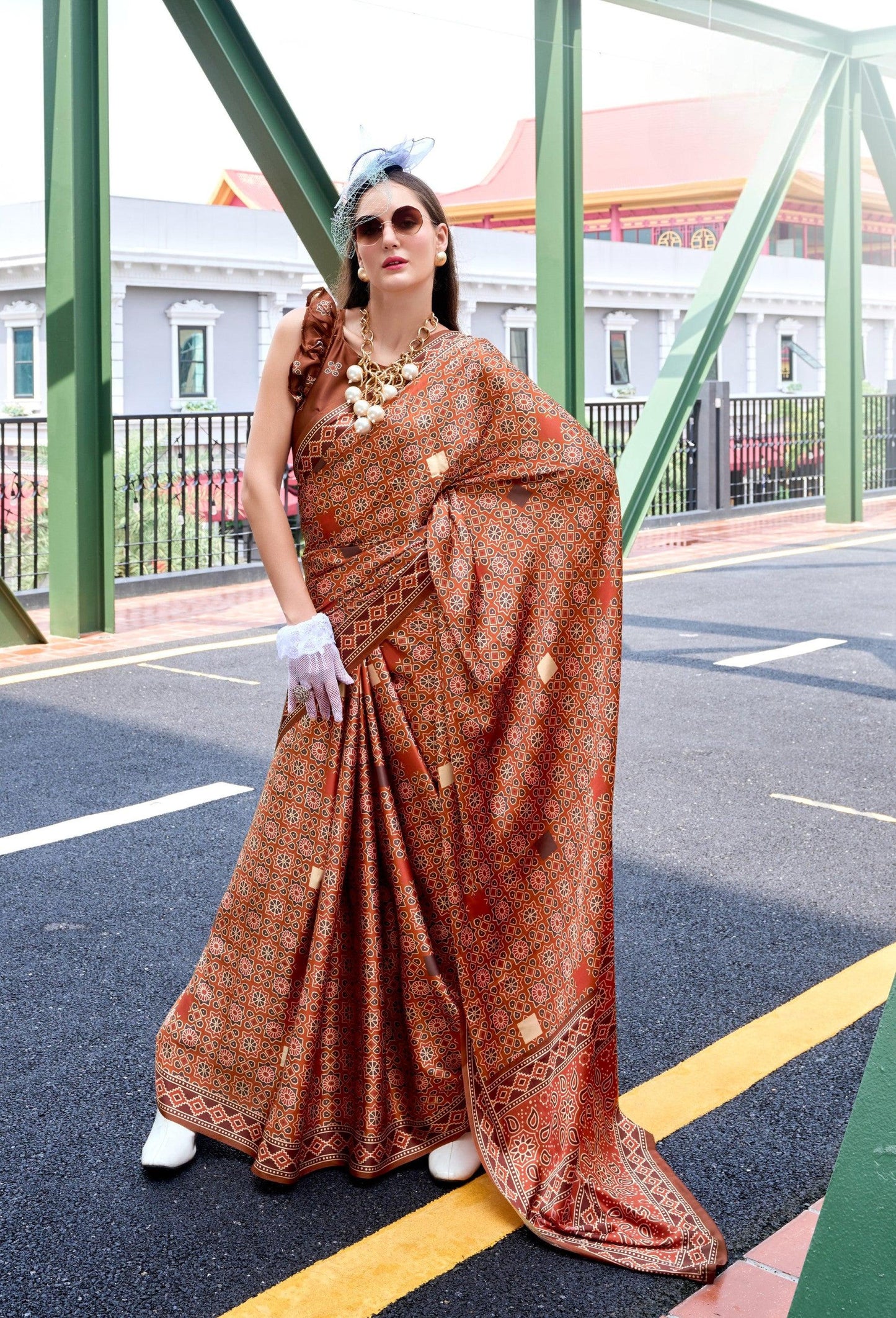 Anaita Brown Ajrakh Printed Pure Satin Silk Saree With Blouse