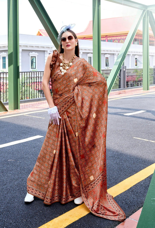 Anaita Brown Ajrakh Printed Pure Satin Silk Saree With Blouse