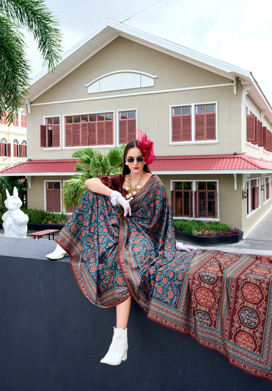 Anaita Teal Green Ajrakh Printed Pure Satin Silk Saree With Blouse