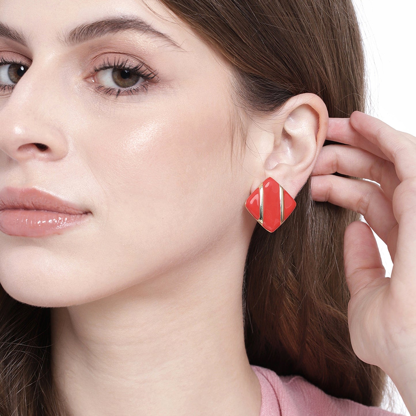 Estele Gold Plated Stylish Lightweight Red Enamel Stud Earrings for Girls and Women