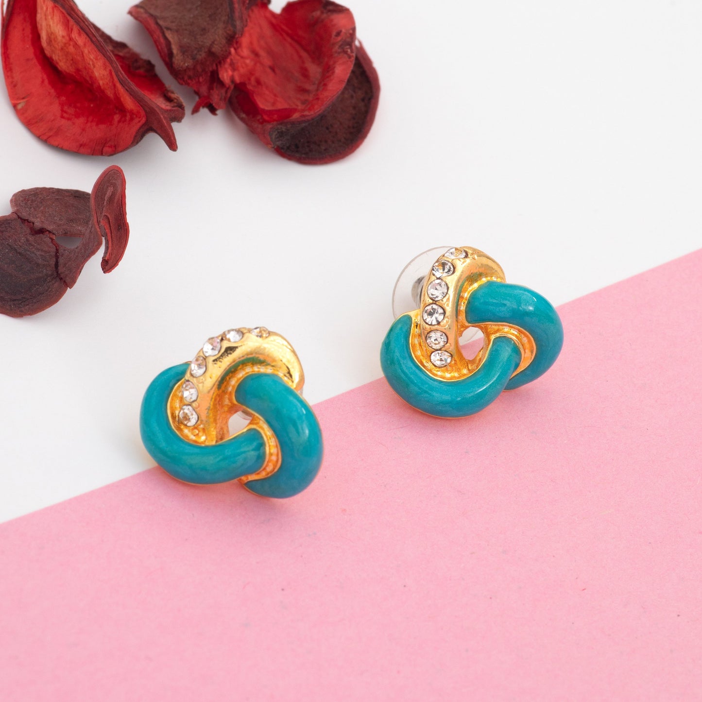 Estele Gold Plated Blue Pretzel crystal enamel Stud Earrings for Girl's and Women