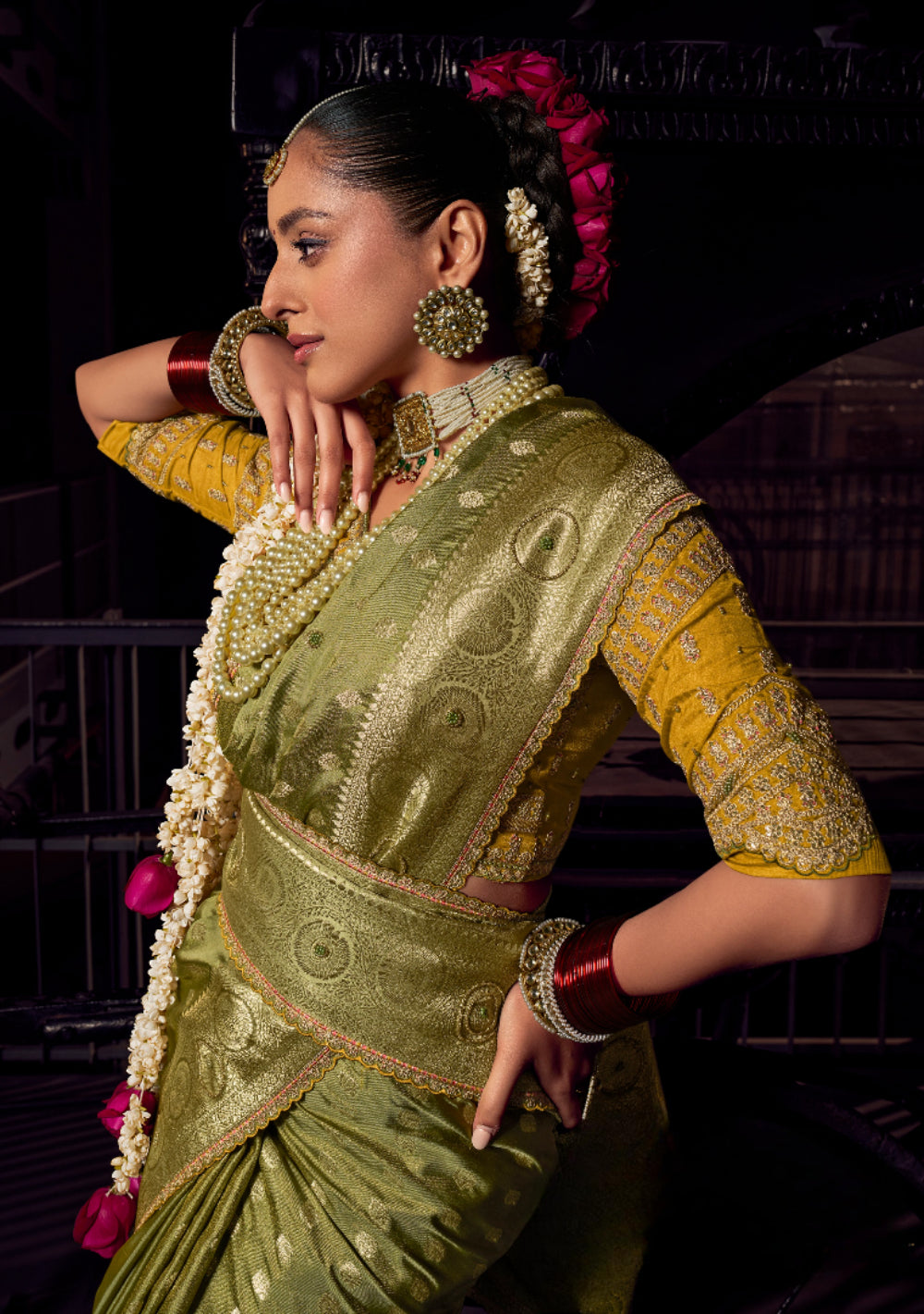 Anaita Dark Green Viscose Tissue Has Worked Pallu Saree With Embroidered Blouse Piece