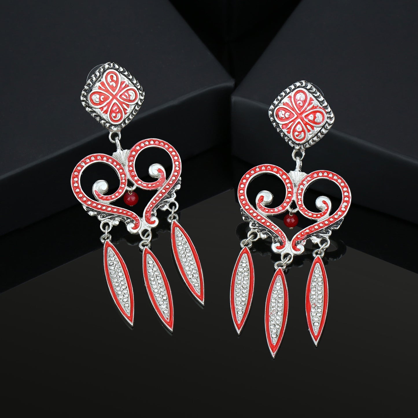 Estele Rhodium Plated Heart-Shaped Dangle Earrings with Red Enamel and White Crystals for Women Timeless & Glamorous Design