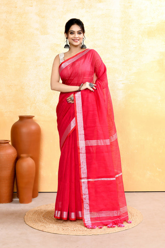 Piyari Fashion Women's Rani Pink Embellished Cotton Blend Zari Border Handloom Saree