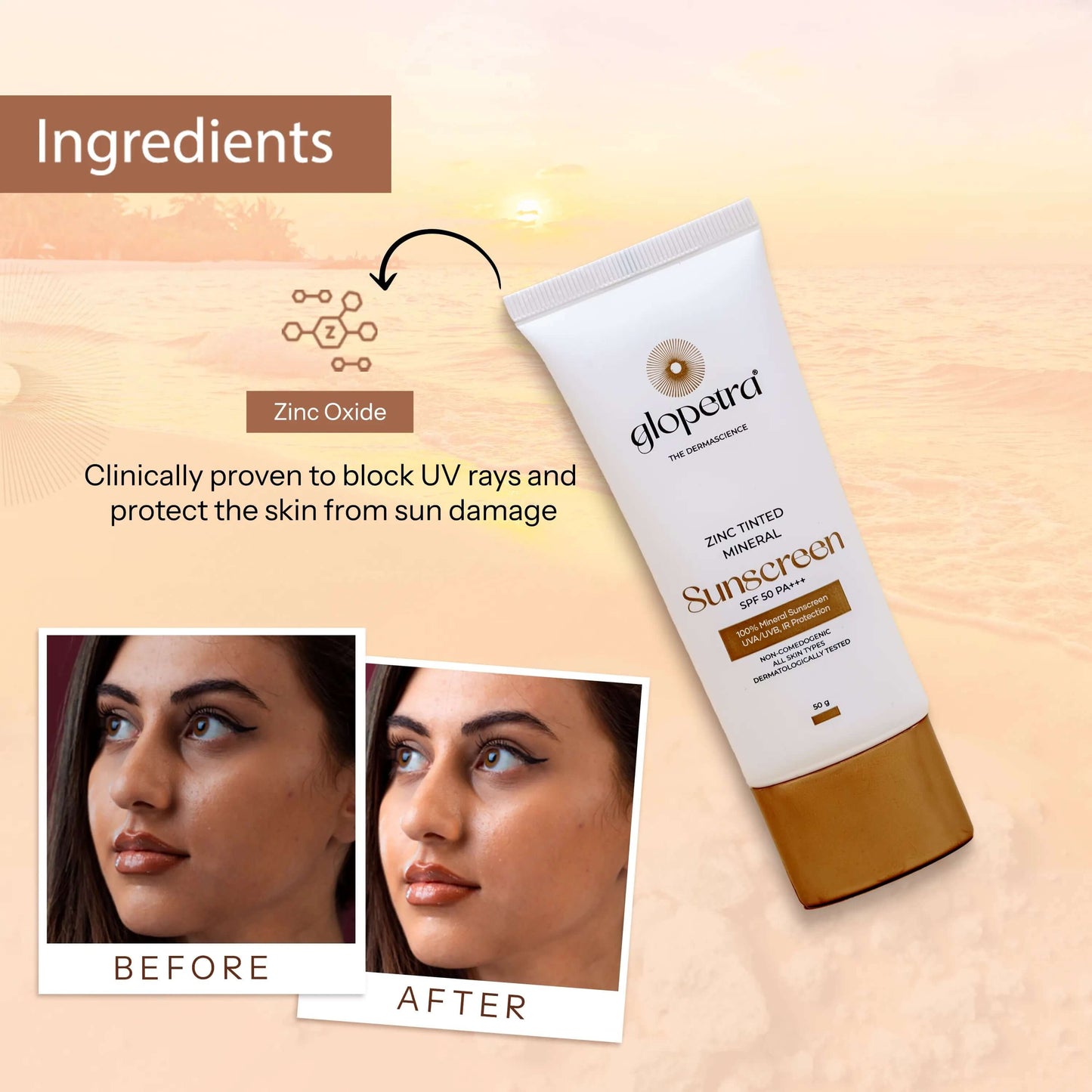 Glopetra Zinc Tinted Mineral Sunscreen Spf 50 Pa+++