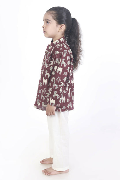 Breathables Kids Cotton Night Suit  Wine Animal Print Kurta & Pyjama Co-Ord Set For Boys & Girls