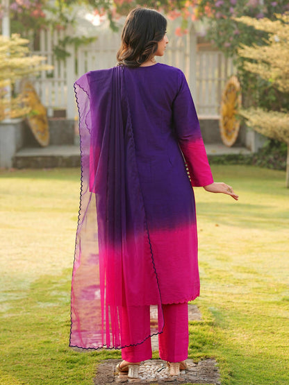 Nikhaar Dark Purple Embroidered Art Silk Stitched Straight Cut Kurta Pants Dupatta Readymade Suit