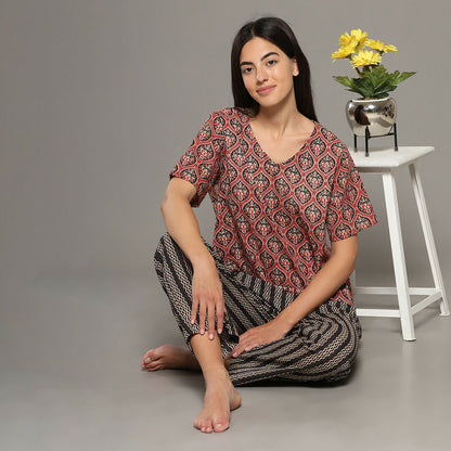 Breathables Women Cotton Printed Loungewear Kurta And Pants Co-Ord Set Red & Navy I Nightwear