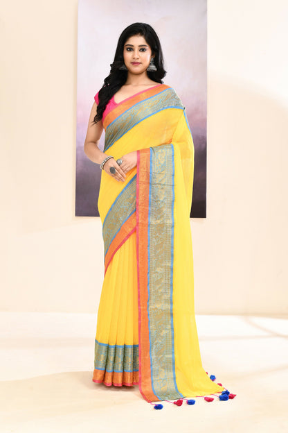 Piyari Fashion Women's Yellow Embellished Zari Border Cotton Saree