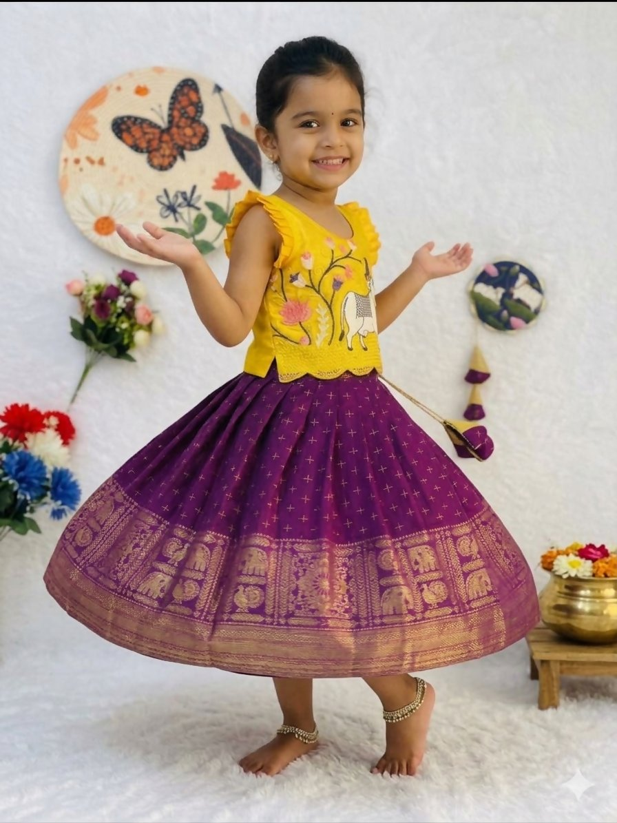 Teeya Creation Kids Latest Collection Girls Yellow & Wine Purple Pattu Pavadai Lehenga Set With Ruffle Sleeves-Yellow