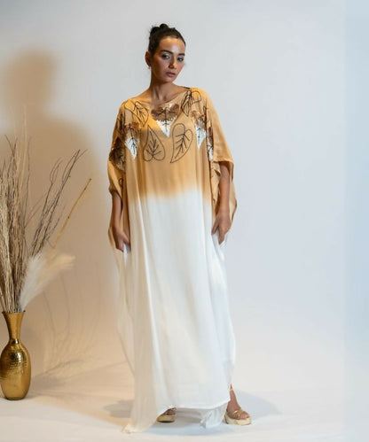 Timaraa Camel Beige To Ivory Ombre Embellished Kaftan Dress