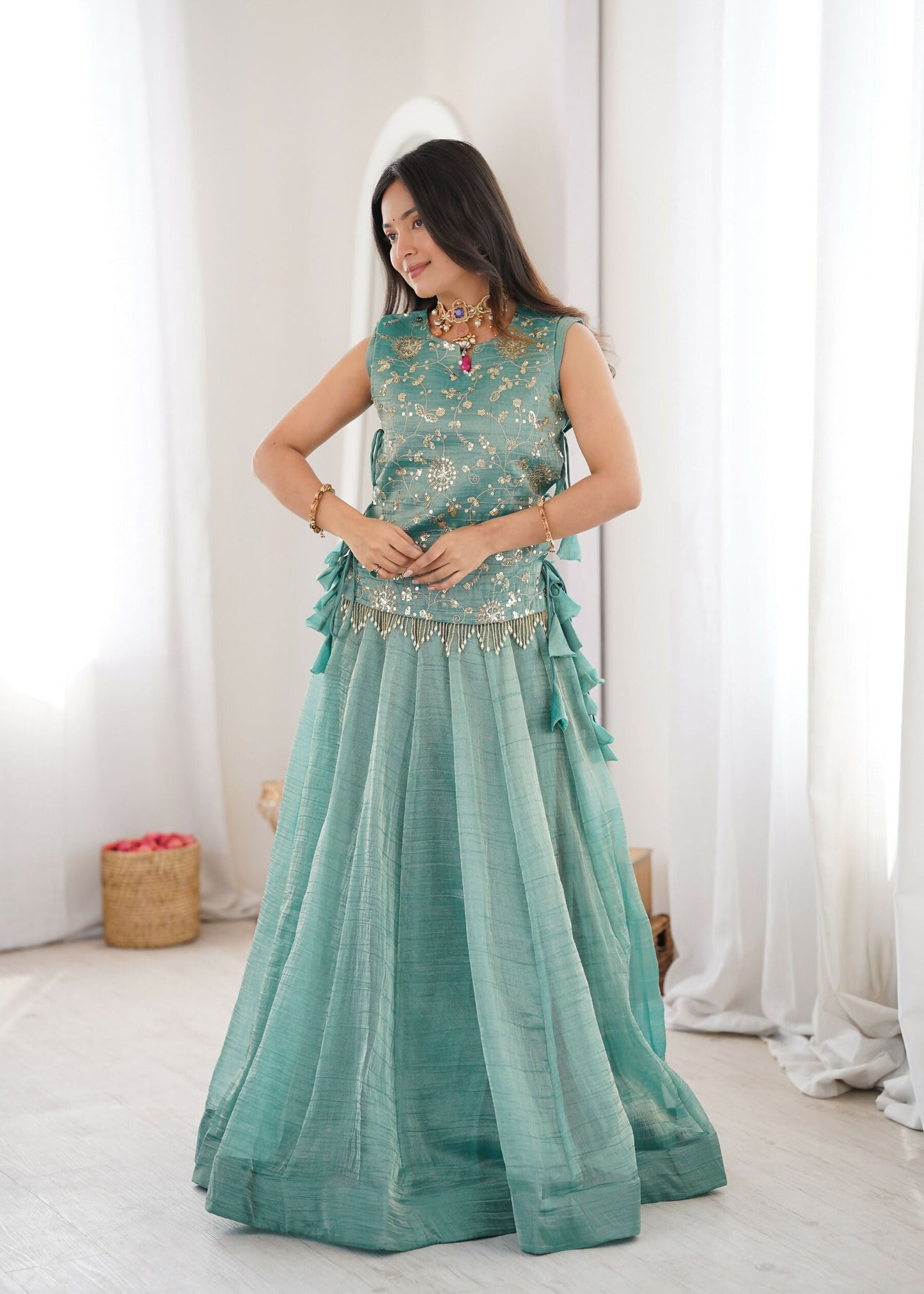 Lorenvalley Fashion Skyblue Salsa Crush Plain Lehenga Choli with Koti