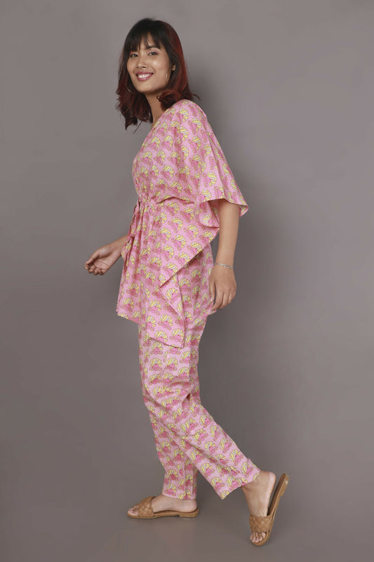 Breathables WomenS Loungewear Kaftan Co-Ord Set Cotton V-Neck In Quirky Pink Print