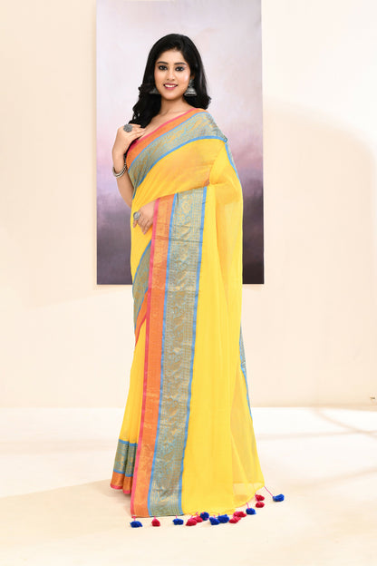 Piyari Fashion Women's Yellow Embellished Zari Border Cotton Saree