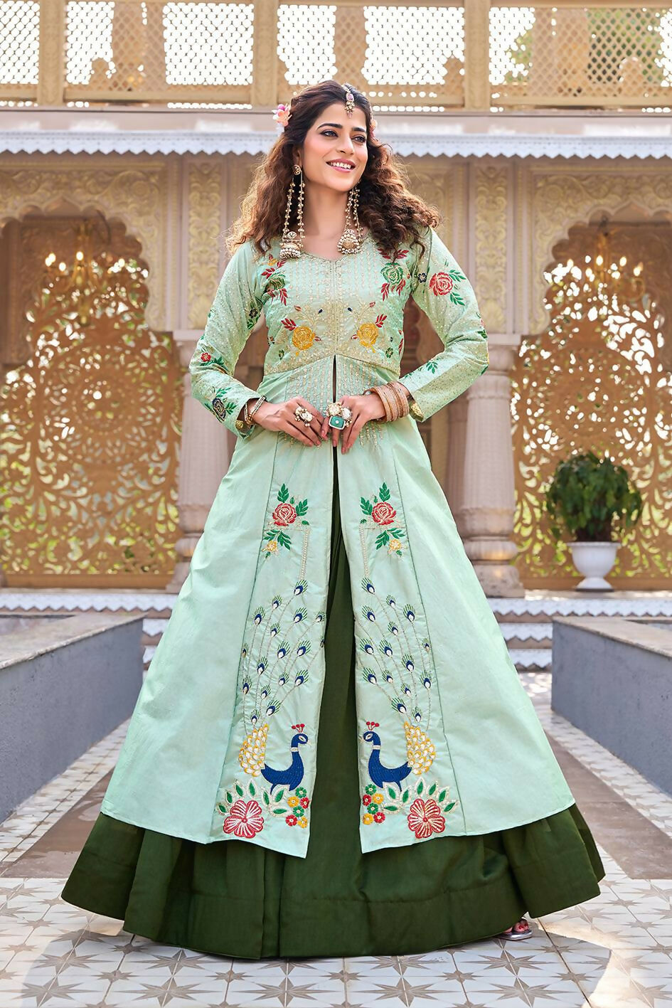 Teeya Creation Womens New Simply Wear Embroidery Sequence With Thread Work Light-Green Gown Set