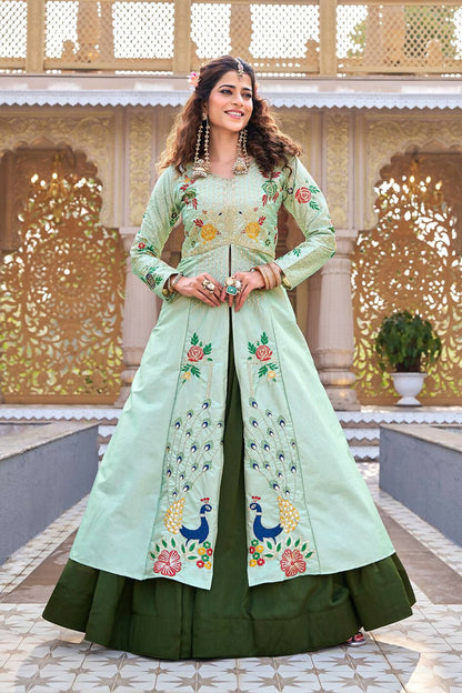 Teeya Creation Womens New Simply Wear Embroidery Sequence With Thread Work Light-Green Gown Set