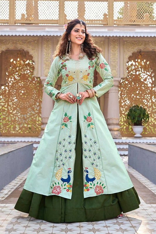 Teeya Creation Womens New Simply Wear Embroidery Sequence With Thread Work Light-Green Gown Set