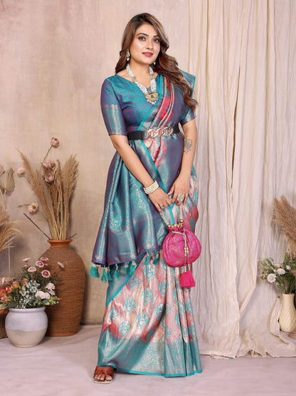 Aastha Fashion Aqua Banarasi Tissue Silk Weaving Saree