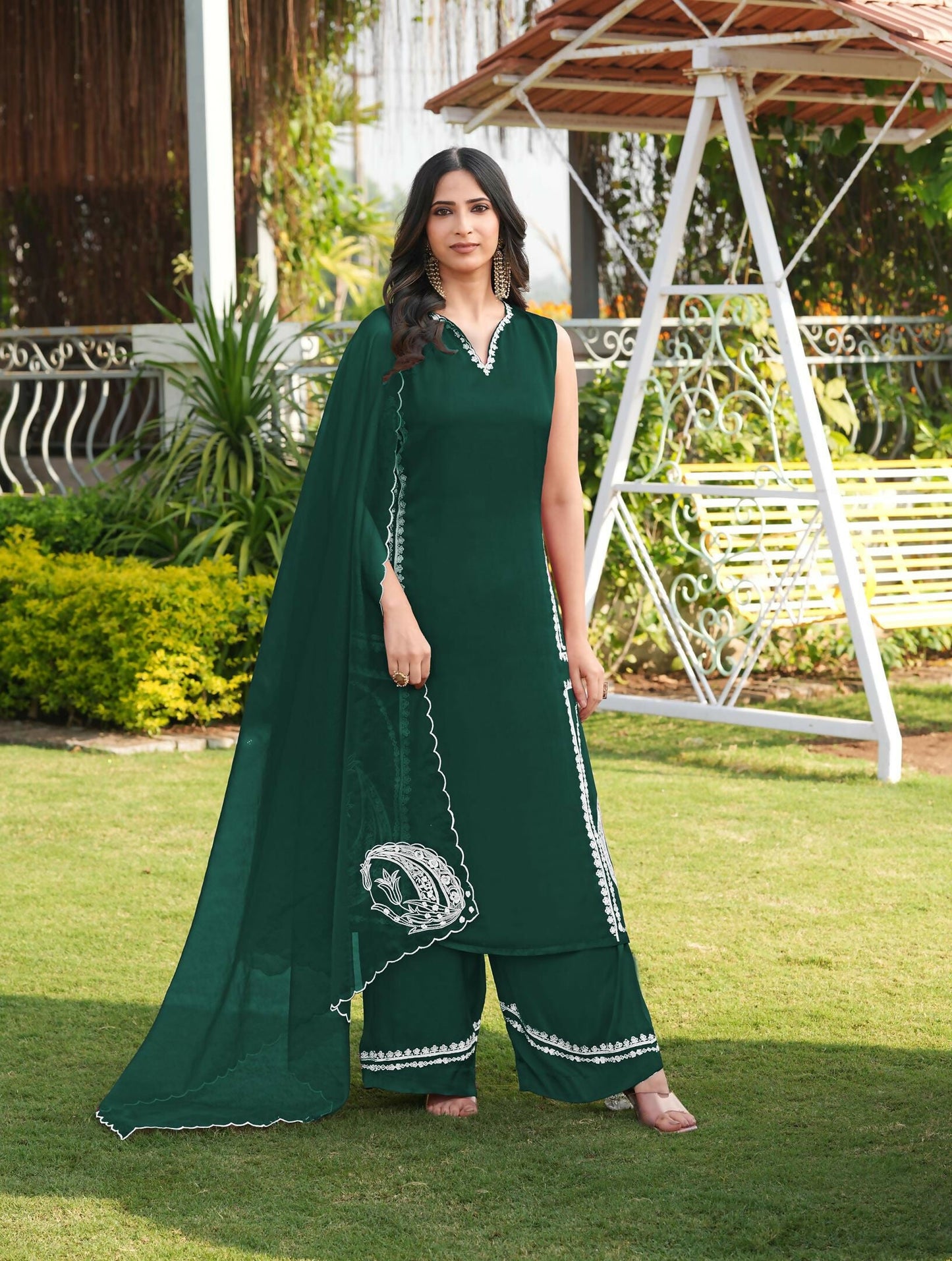 Nikhaar Dark Green Embroidered Modal Silk Stitched Straight Cut Kurta Culottes Dupatta Readymade Suit