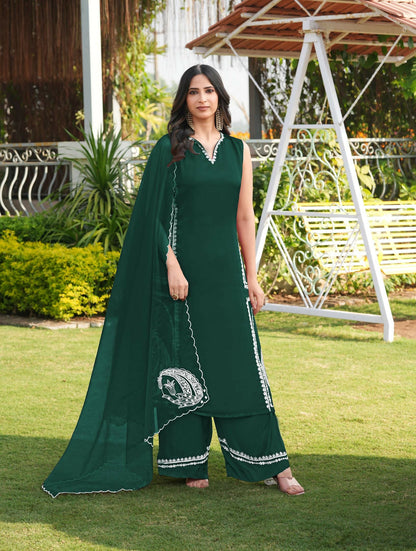 Nikhaar Dark Green Embroidered Modal Silk Stitched Straight Cut Kurta Culottes Dupatta Readymade Suit