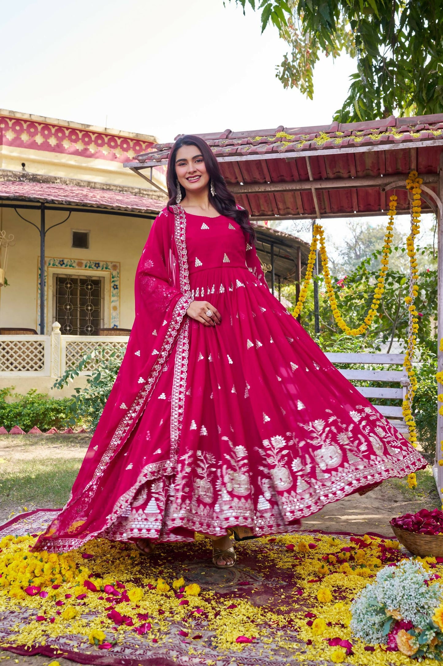 Teeya Creation Womens Casual Party Wear Heavy 7mm Sequence Embroidery Work Pink Gown Set