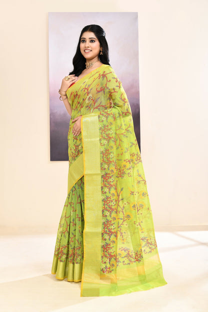 Piyari Fashion Women's Olive Embellished Cotton Blend Printed Saree