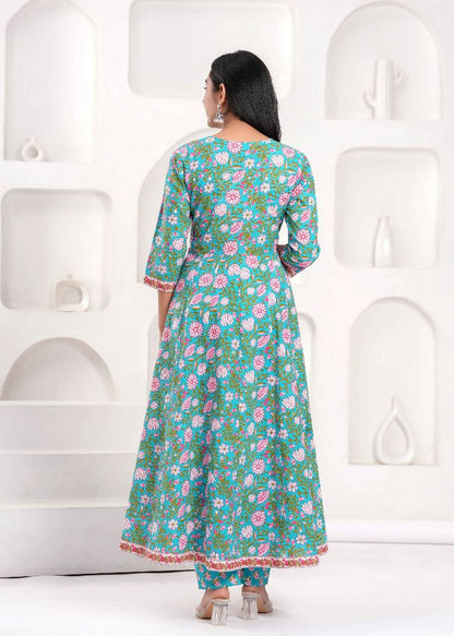 Jaimini Women Cotton Printed V-Neck 3/4 Sleeves Calf Length Angrakha Kurta Pant And Dupatta Set