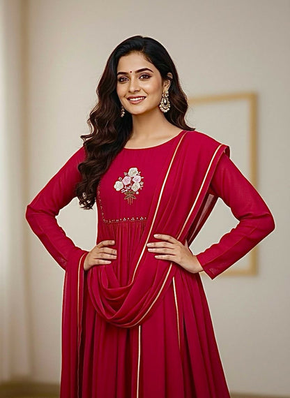 Teeya Creation Womens New Simply Wear Pure Mul Viscos Chanderi Cotton Red Gown Set