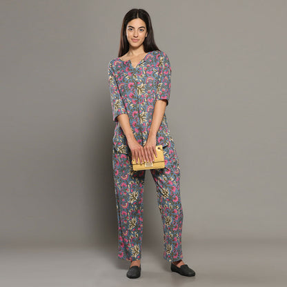 Breathables Women Cotton Printed Loungewear Kurta And Pants Co-Ord Set Grey I Night Wear | Floral Print