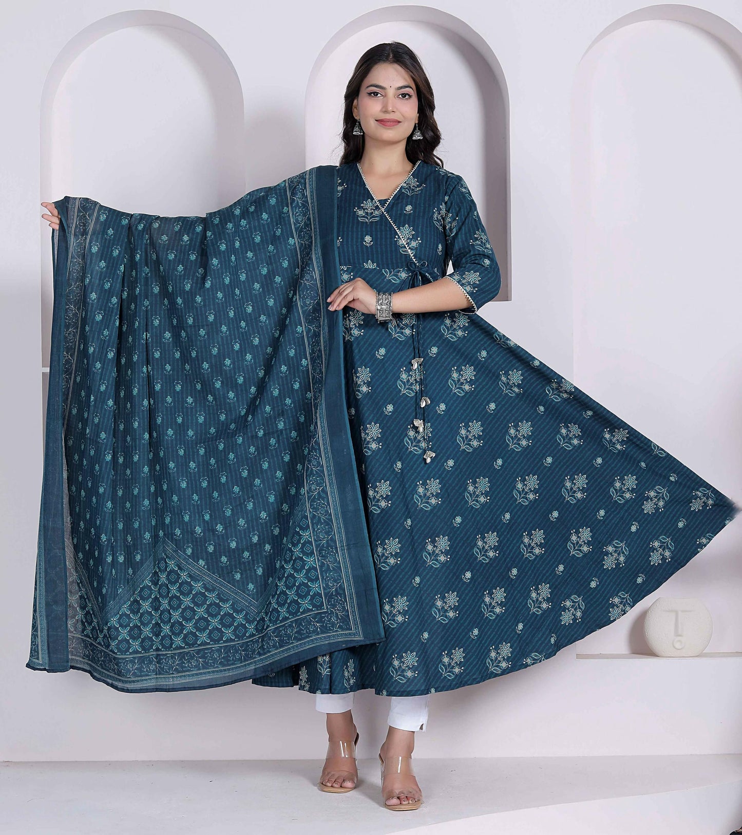 Miravan Womens Blue Floral Printed Angrakha Kurta With Dupatta
