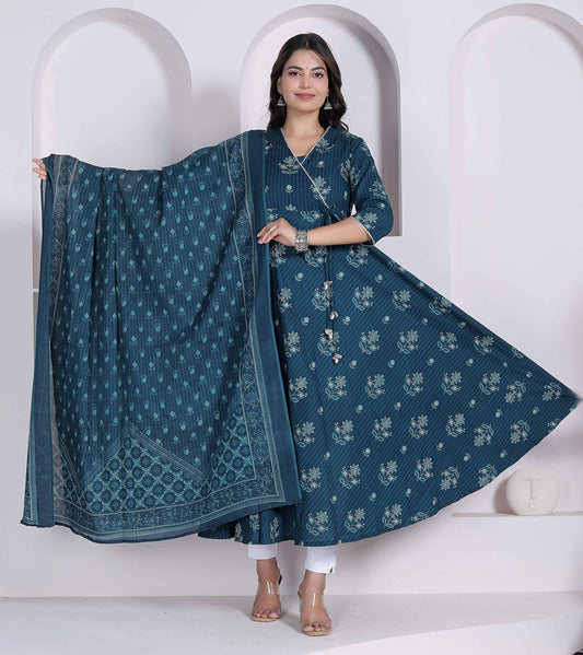 Miravan Womens Blue Floral Printed Angrakha Kurta With Dupatta