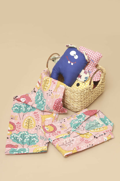 Breathables Kids Cotton Night Suit  Peach Lion & Teddy Shirt & Pyjama Co-Ord Set For Boys & Girls
