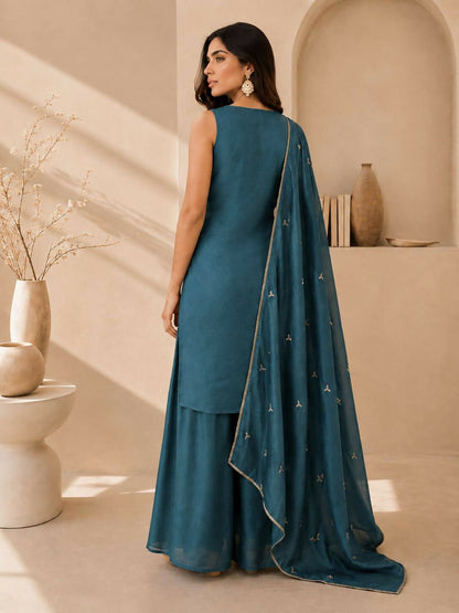 Teeya Creation Teal Blue Embroidered Georgette Straight Kurta With Palazzo And Dupatta Set