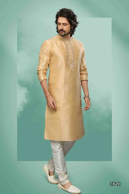 Raivat Ethnic Art Silk Mirror Embroidery Work Kurta Pajama In Beige Colour