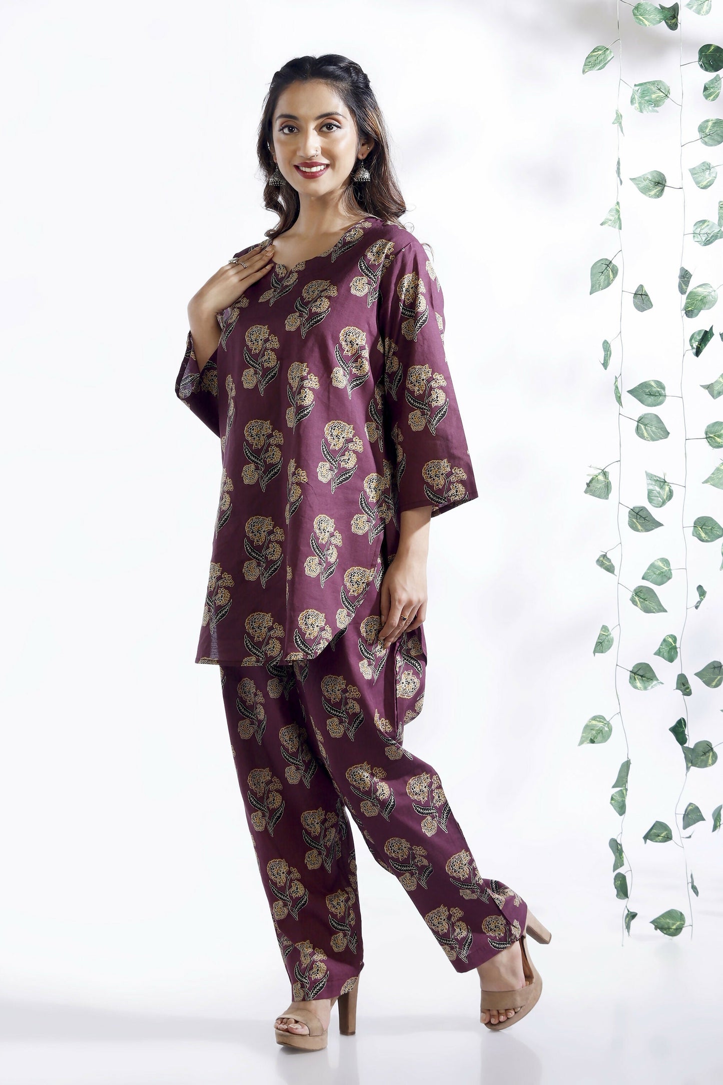 Breathables Wine Butta Cotton Co-Ord Set  Kurta With Straight Pants