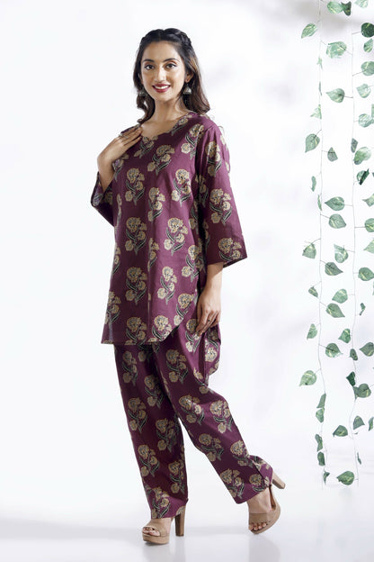 Breathables Wine Butta Cotton Co-Ord Set  Kurta With Straight Pants