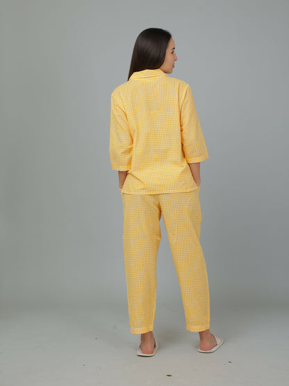 Breathables Women Cotton Checks Night Suit Shirt And Pants Co-Ord Set I Night Wear-Yellow