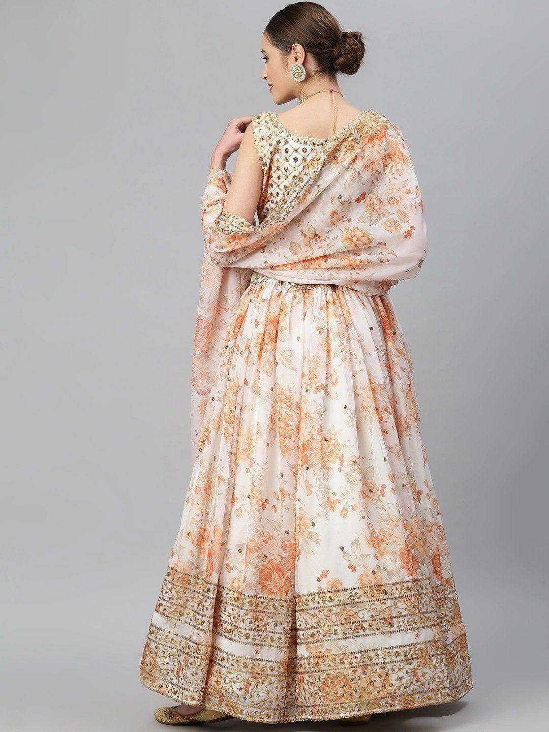 Tulsi Art Off White & Peach-Coloured Embellished Sequinned Semi-Stitched Myntra Lehenga