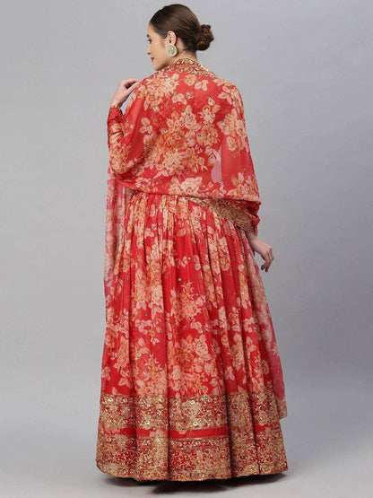 Tulsi Art Red & Gold-Toned Embellished Sequinned Semi-Stitched Myntra Lehenga & Unstitched Blouse