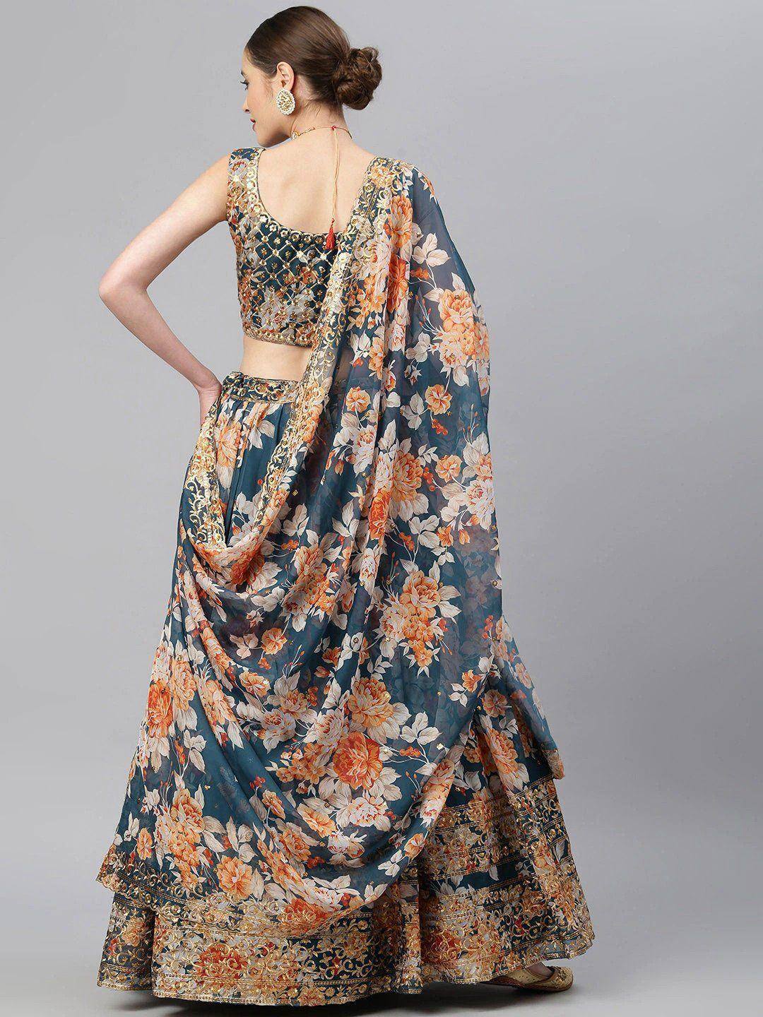 Tulsi Art Blue & Peach-Coloured Embellished Sequinned Semi-Stitched Myntra Lehenga & Unstitched Blouse