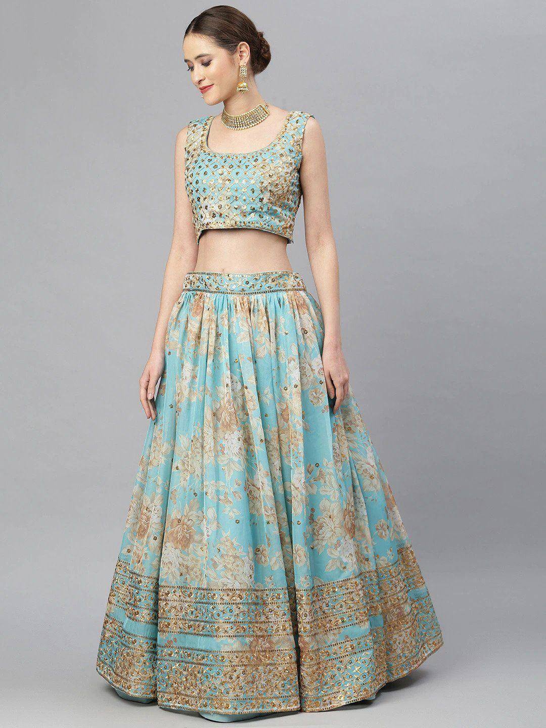 Tulsi Art Blue & Peach-Coloured Embellished Sequin Myntra Lehenga & Unstitched Blouse
