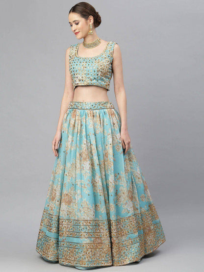 Tulsi Art Blue & Peach-Coloured Embellished Sequin Myntra Lehenga & Unstitched Blouse